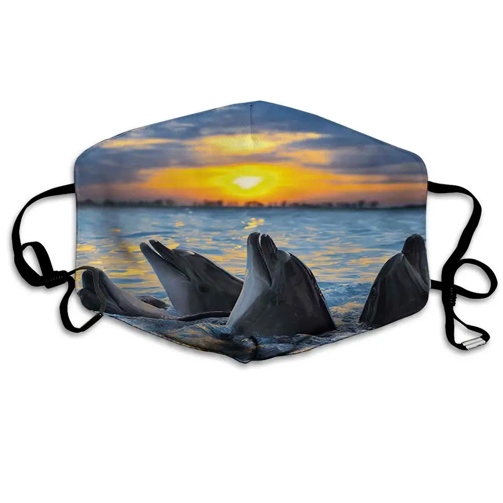 

Comfortable Printed mask, Photo of The Bottle Nosed Dolphins in Sunset Ocean Sea Animals Aquatic Print,Windproof Facial