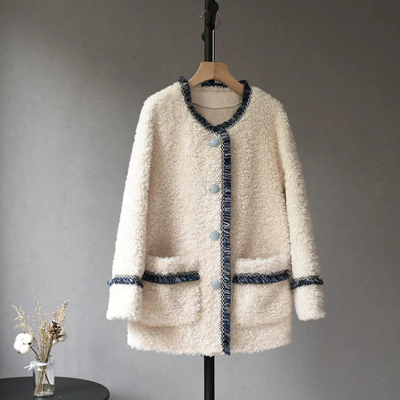 

Winter Genuine Fur Sheepskin Coats Ladies O-neck Sheep Shearing Jacket Female Thick Warm Wool Outerwear Women Clothing Y749