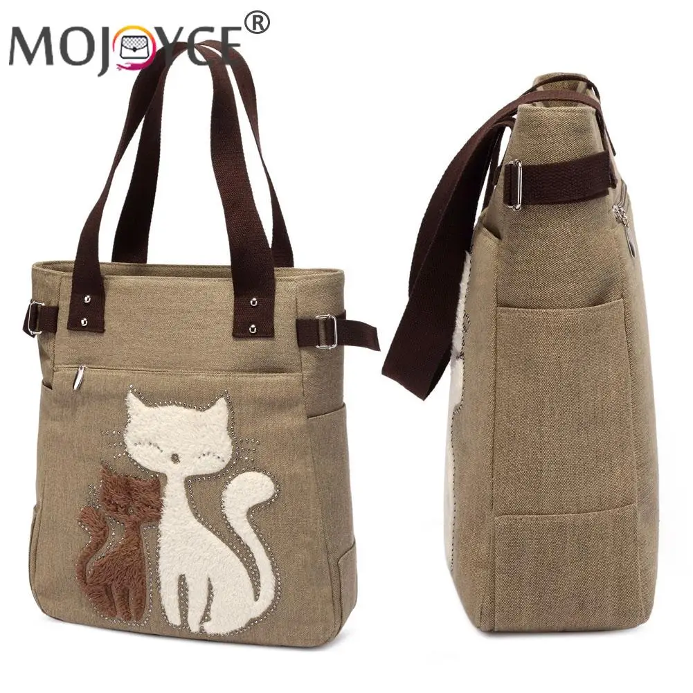 Холщовая женская сумка с мультяшным принтом кошки милая дамская сумочка-тоут