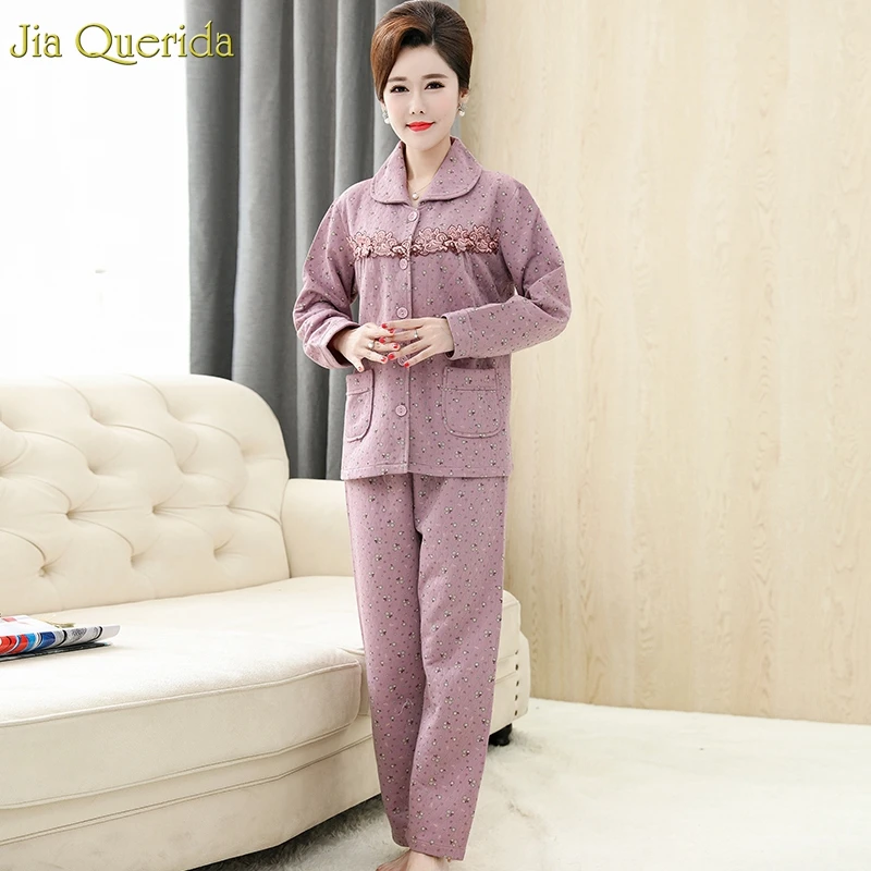 Pijamas Women Cotton Home Clothes Long Sleeves Trousers Women's Two Pieces Printing Lace Embroidery Front Elegant Pijama Mujer | Женская