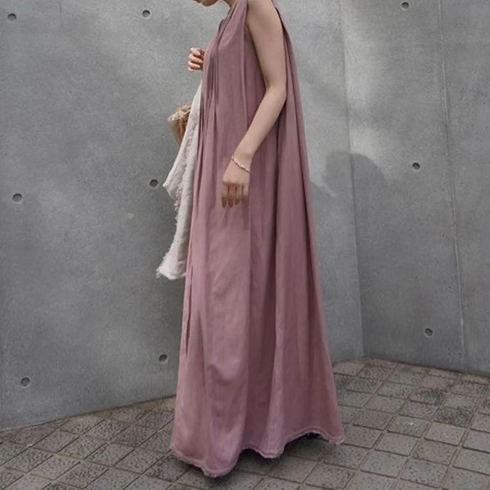 

Trade Japanese Style 2021 Summer New Sleeveless round Neck Pleated Loose Ramie Linen Long Dress fafa_ootd