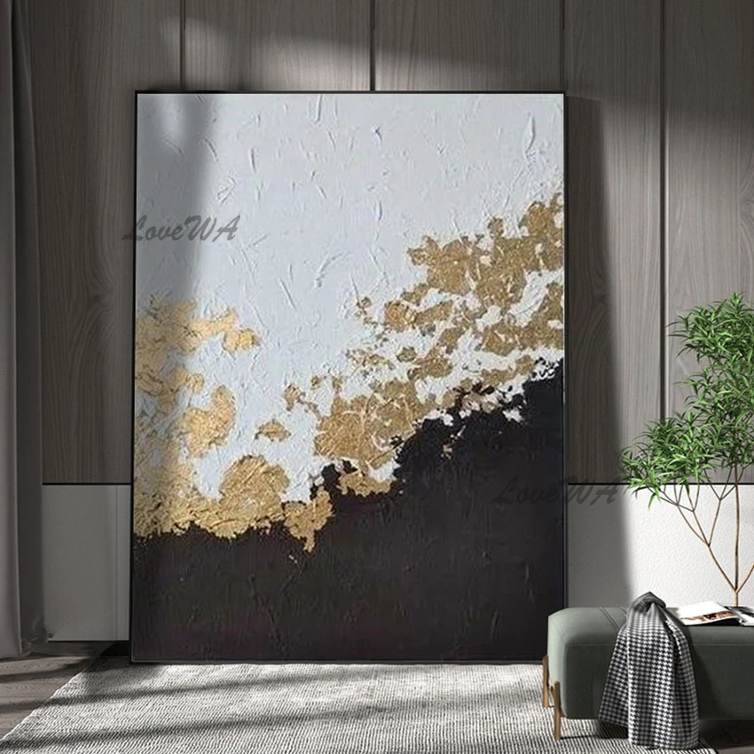 Простая абстрактная живопись черно-белая Золотая фольга Настенная картина