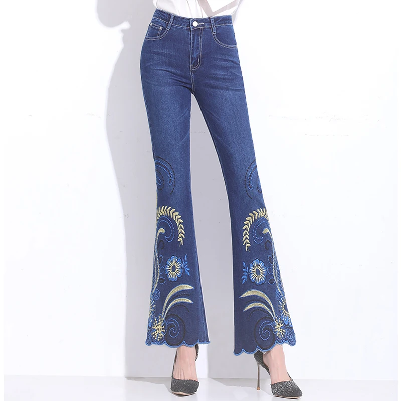FERZIGE Women Jeans High Waist Flare Pants Embroidered Florals Blue Stretch Famous Brand Mom Trousers Femme Push Up 36 | Женская одежда