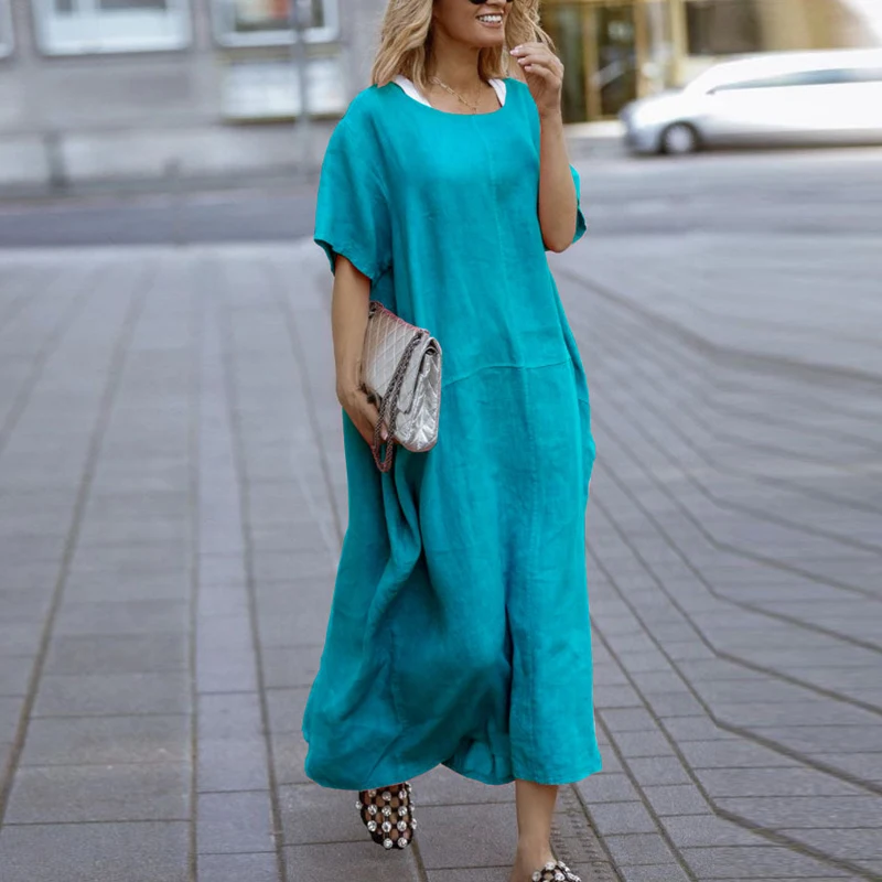 

Women Solid Dress Casual Office Vintage Cotton Sundress O-Neck Short Sleeve Plus Size Loose Dresses Women's Dress Club Dress