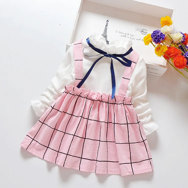 Pink Plaid Весеннее платье для маленьких девочек, хлопковое детское платье в клетку с длинными рукавами, модная детская одежда - Цвет: Pink Plaid