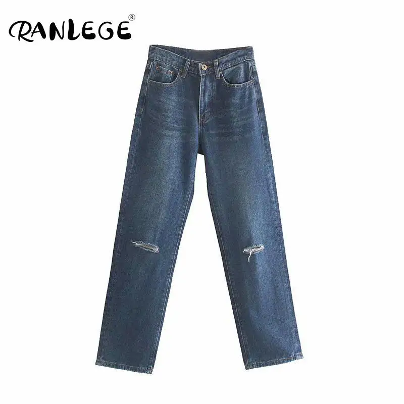 Рваные джинсы RANLEGE с завышенной талией для женщин синие джинсовые брюки дырками
