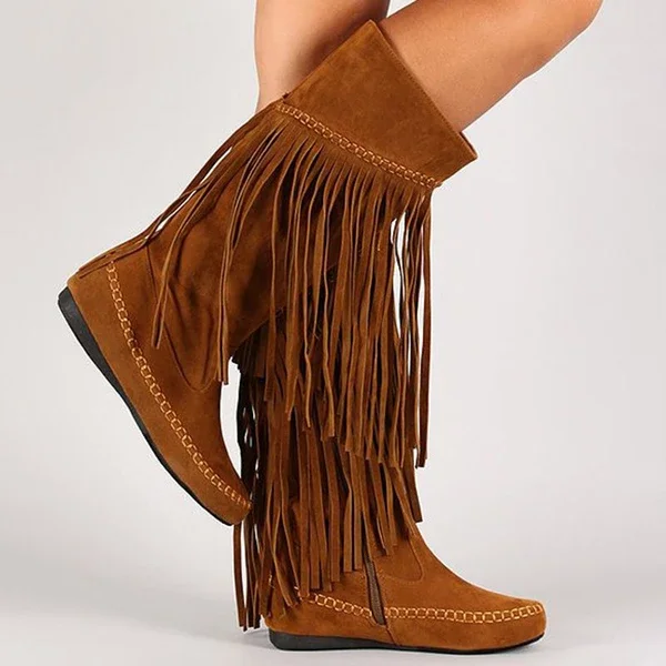 2019 Autumn Bohemian Boho Heel Boot Ethnic Women Tassel Fringe Faux Suede Leather Boots Woman Girl Flat Shoes Booties | Обувь
