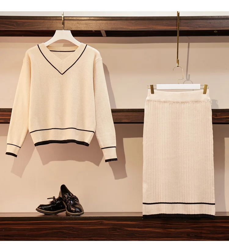 

2021 Spring New V-Neck Sweater Two-Piece Set Leisure Fashion Knitting Thick Loose Suit Skirt Joker Knee-Length Skirt
