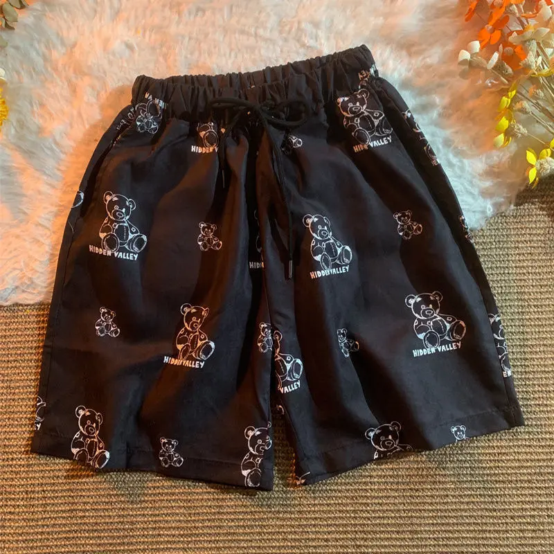 

Vintage Khaki Bear Printed High Waisted Wide Leg Pants Knee Length Shorts Brand Fashion Teens Couples Japanese Korean Fashion