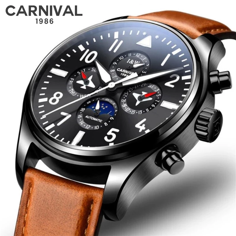 Carnival Brand Fashion Pilot Mechanical Watch Luxury Sapphire Multifunction Automatic Wristwatch Waterproof for Men Montre Homme