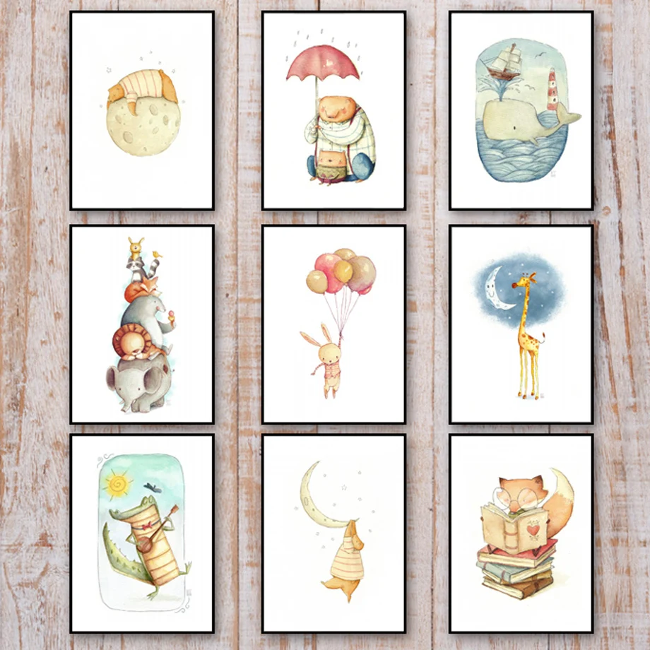 Bear Rabbit Fox Giraffe Lion Cartoon Wall Art Canvas Painting Nordic Posters And Prints Pictures Baby Kids Room Home Decor | Дом и сад