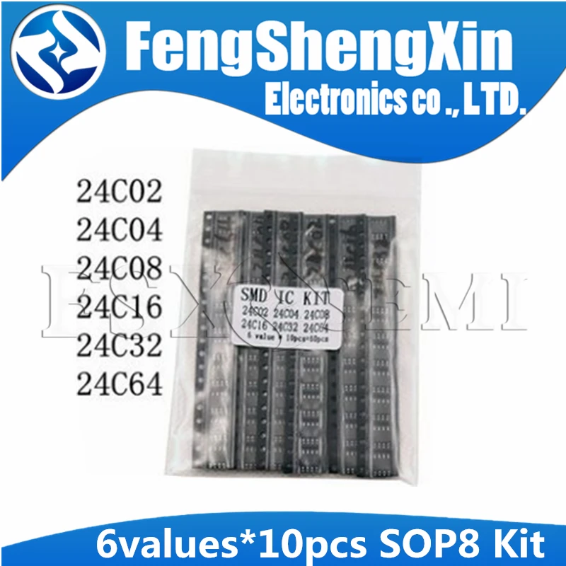 6 ценности * 10 шт. = 60pcs Новая 24C02 24C04 24C08 24C16 24C32 24C64 лапками углублением SOP 8 комплект