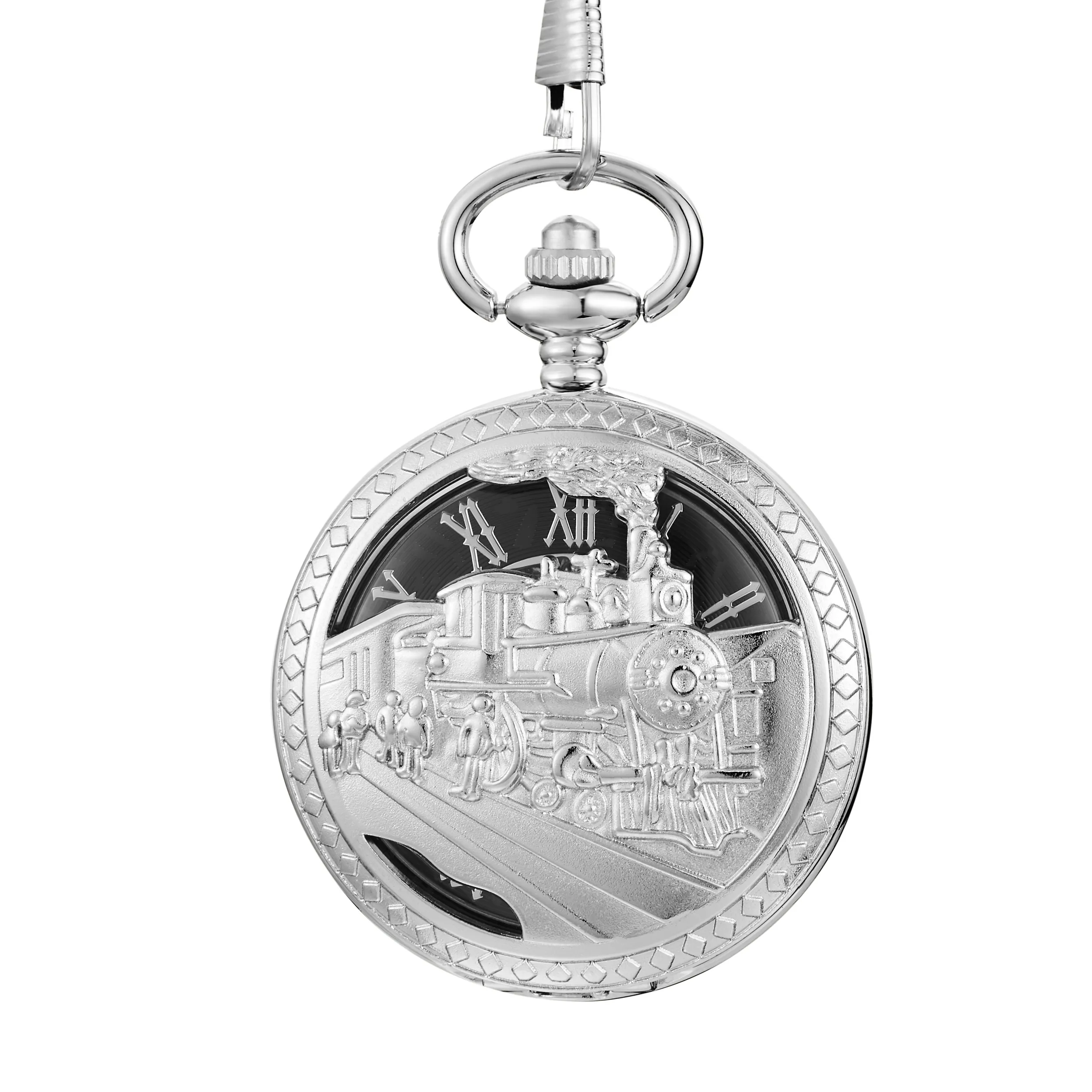 Hollow Case Steampunk Train Design Luxurious Pocket Watch Hand Crank Cool Locomotive Engine Mechanical Men Watches Best Gifts