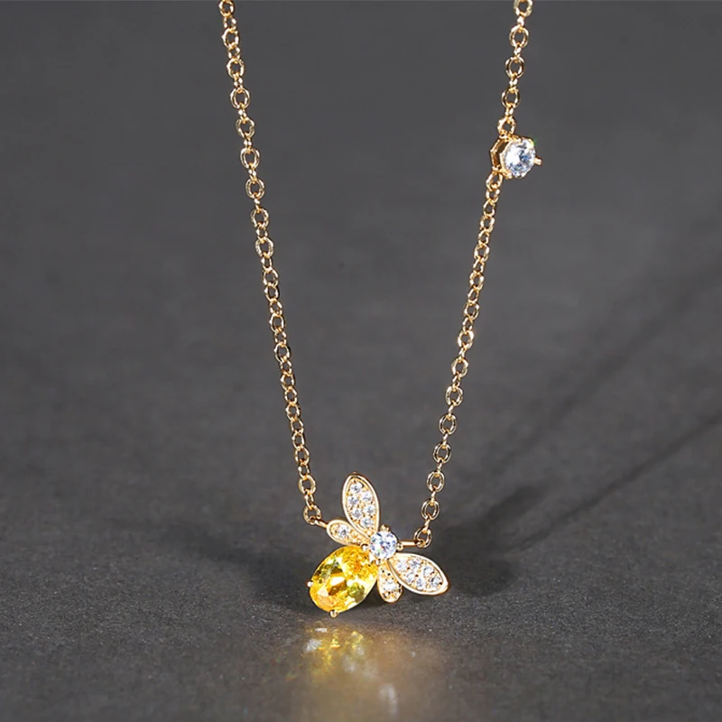 

Hot Sale Bee Insect Pendant Necklace For Women Gift Champagne Zircon Gold Color Chain Necklace Party Engagement Choker Bijoux