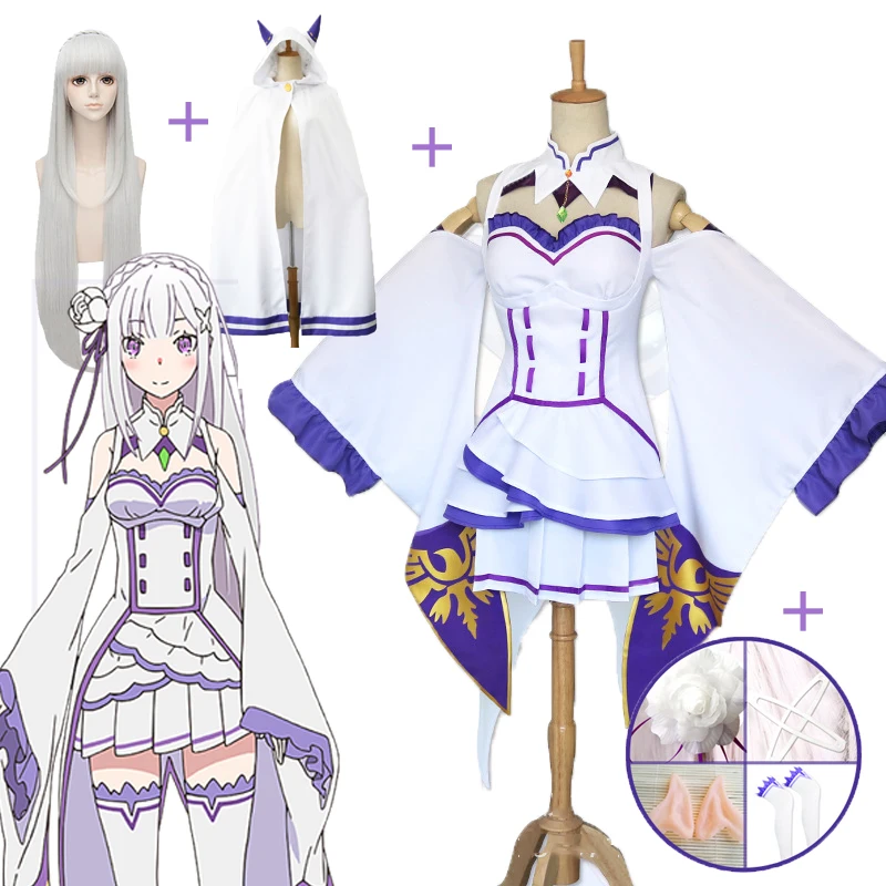 

Аниме Re:zero Косплей Костюм Униформа Эмилии платье женская форма платье/носки/головной убор/парик косплей аниме женщины