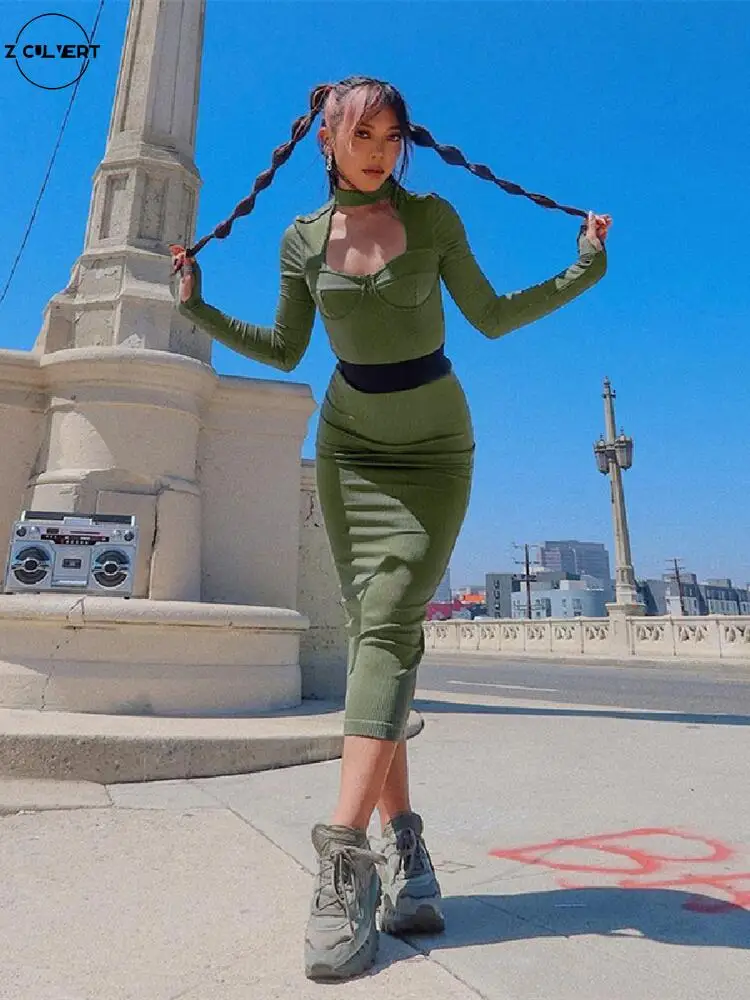 

Hollow Out Fashion Turtleneck Show your chest Autumn And Winter dress Sexy Long Sleeve Elegant temperament long skirt 2021