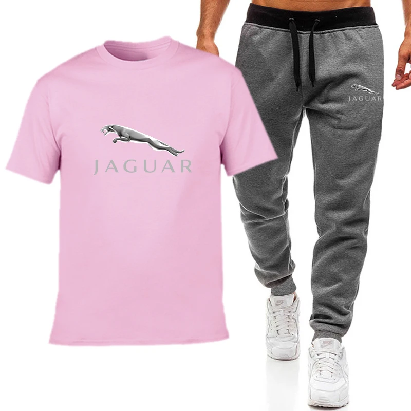

Men's Casual Tracksuit Summer Sportswear JAGUAR logo Two Piece Set T Shirt Brand Track Clothing Male Sweatsuit Sports Suits