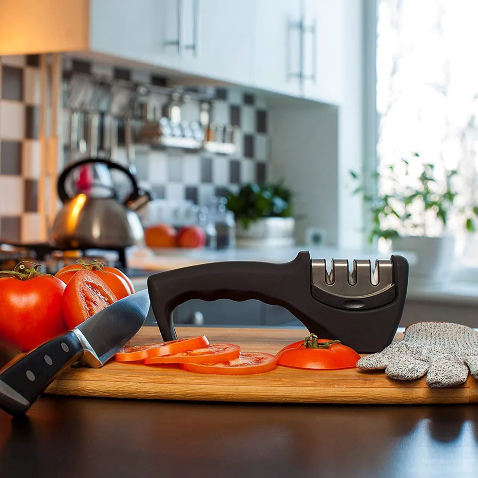 

High Quality 3 Levels Knife Sharpener Kitchen Knife Grindstone Accessories to Repai Grind Polish Blade with Cut-Resistant Gloves
