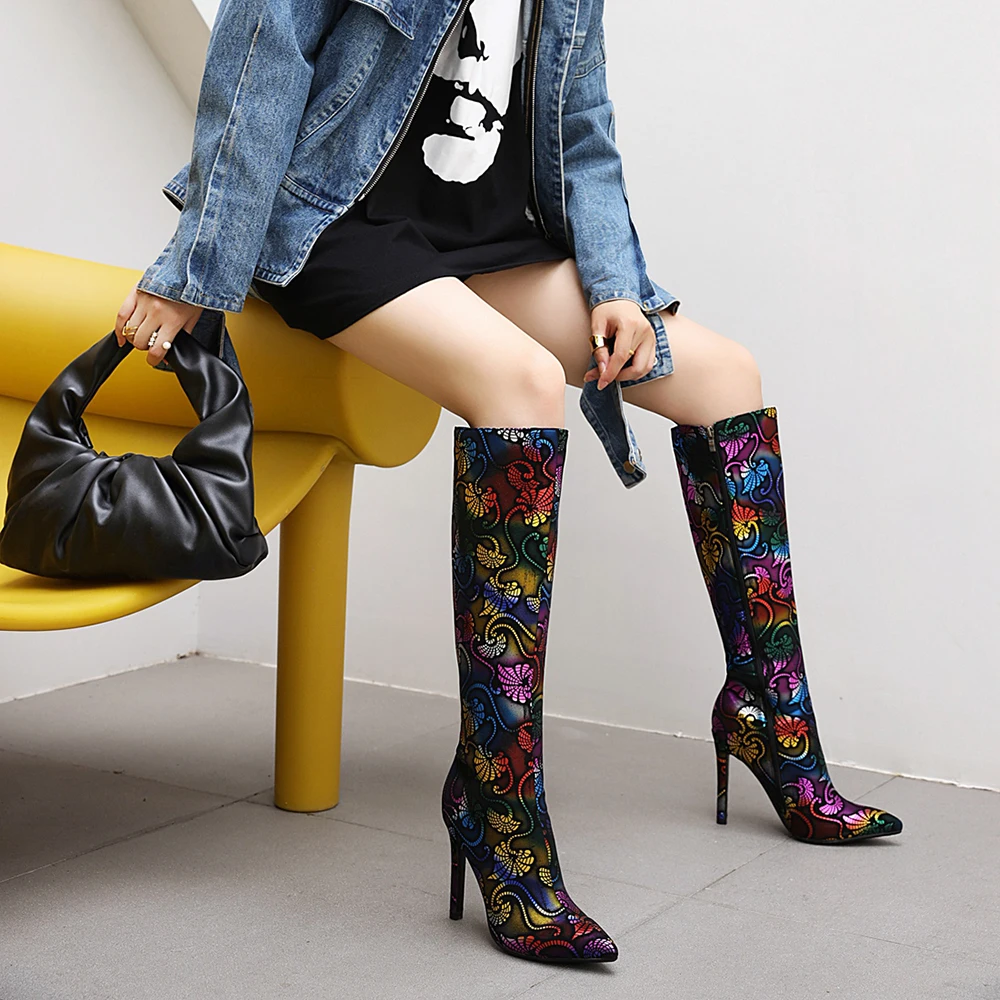Модные зимние женские сапоги Женские до колена с цветочным рисунком Модная обувь