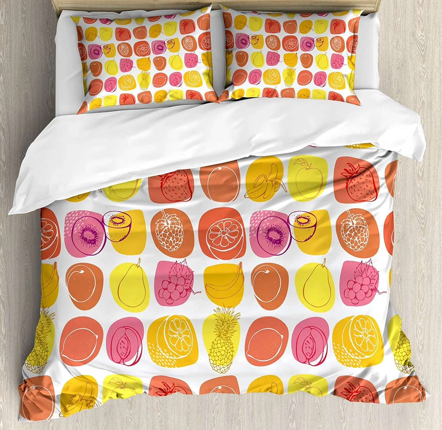 

Fruits Bedding Set Retro Pineapple Lemon Kiwi Raspberry Pop Art Modern Food Icons Caricature Graphic Duvet Cover Pillowcase