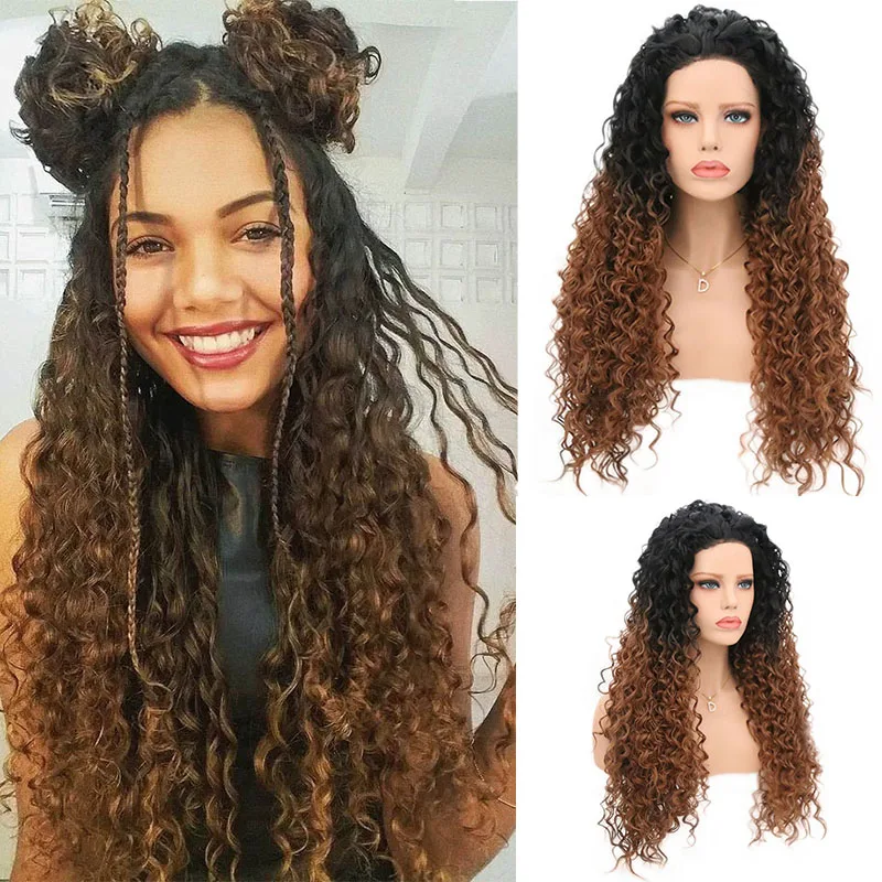 

AIMEYA Dark Roots ombre Brown Long Wave Curly Synthetic Lace Front Wig for Women Free Part Half Hand Tied Hair Water Wave Wigs