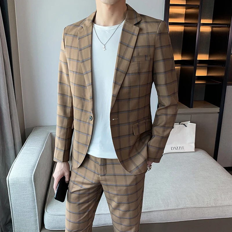 

2021 Plaid Suit Men Slim Business Office Formal Suits 2 Pcs Set Blazers Pant Casual Wedding Social Tuxedo Dress Costume Homme