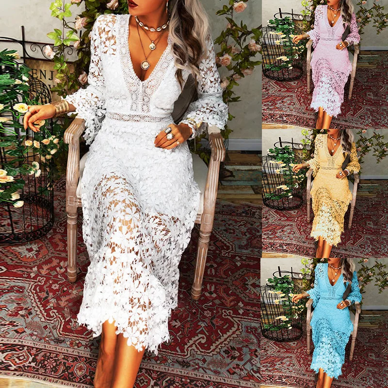 

Autumn new sexy perspective lace long sleeve V-neck big swing dress women