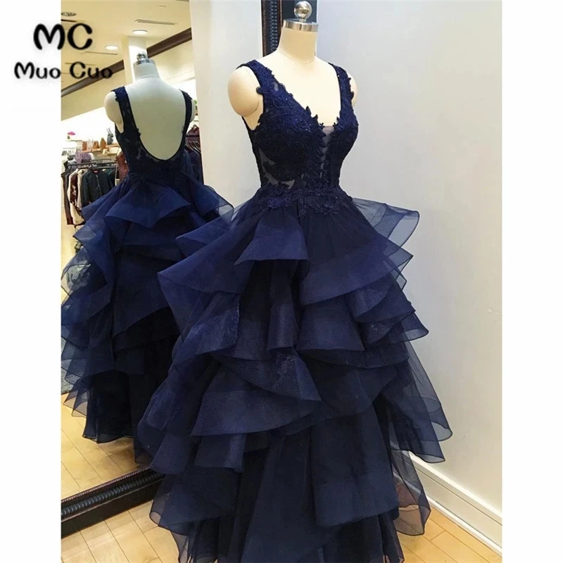 

2021 Navy Blue V Neck Evening Dress A Line Lace Top Floor Length Elegant Plus Size Evening Prom Party Gowns