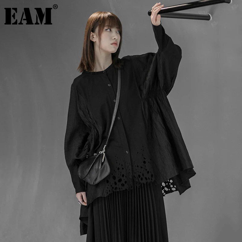 

[EAM] Женская Асимметричная блузка большого размера, новая свободная рубашка с воротником-стойкой и длинным рукавом, модная весенне-осенняя ...