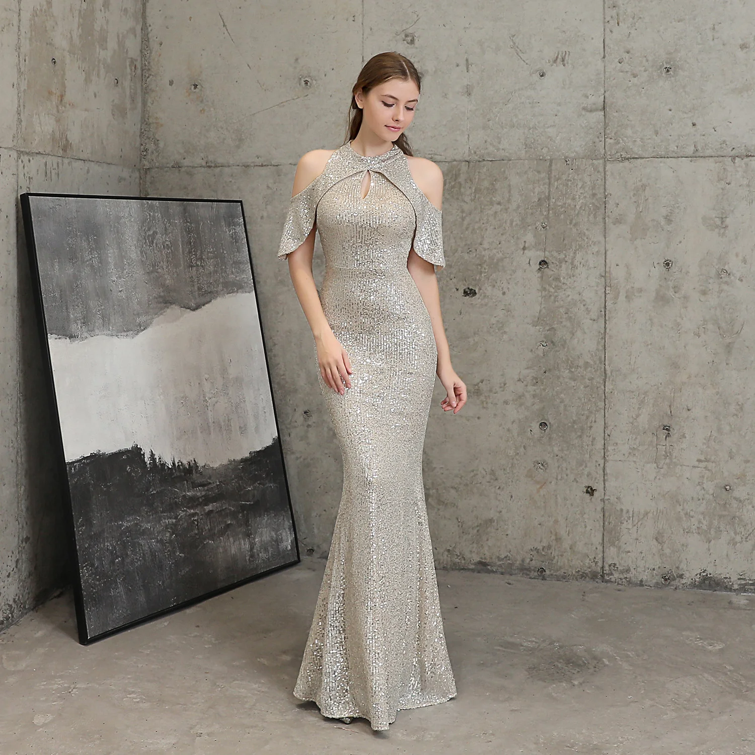 

New Elegant Off-shoulder Prom Gown Short Sleeve Sequin Aura Queen Fishtail Mermaid Evening Dresses Dress Half-sleeved Formal