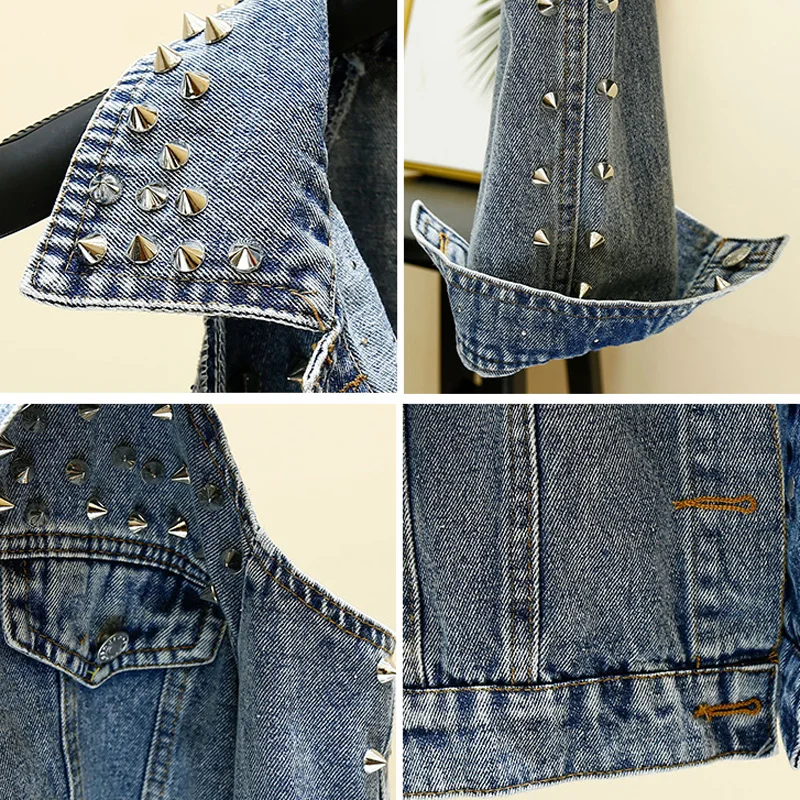 

Fashion European Vintage Off Shoulder Jean Jacket Woman Rivet Loose Coat Long Sleeve Denim Jackets Sexy Off Shoulder Streetwear
