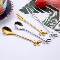 upscale gold silver dinnerware dessert ice cream stainless steel fork spoon leaf handle coffee spoon teaspoon dishwasher safe