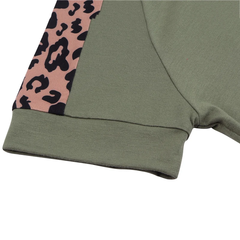 

Spring and summer women's fashion leopard stitching T-shirt round neck raglan short sleeve shirt women