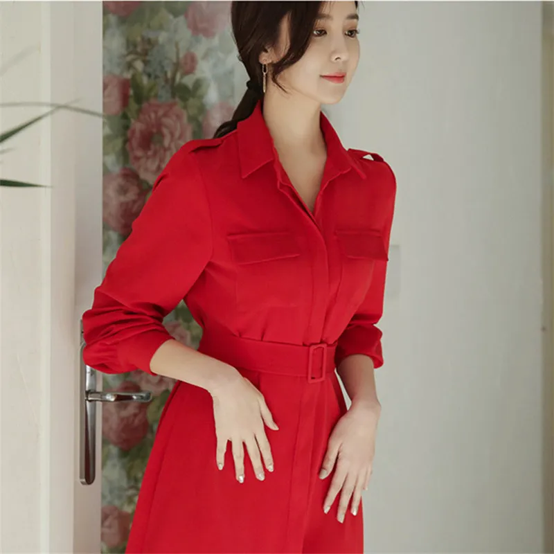 

Office Lady Work Wear Elegant Spring Winter Women With Belted Casual Bandage Vestidos Robe Dress