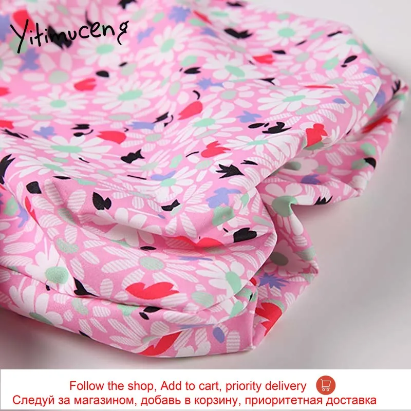 

Yitimuceng Pink Floral Dresses For Women Summer Zipper Mini High Waist A-Line Short Sleeve Sundress 2021 Fashion New Boho Dress