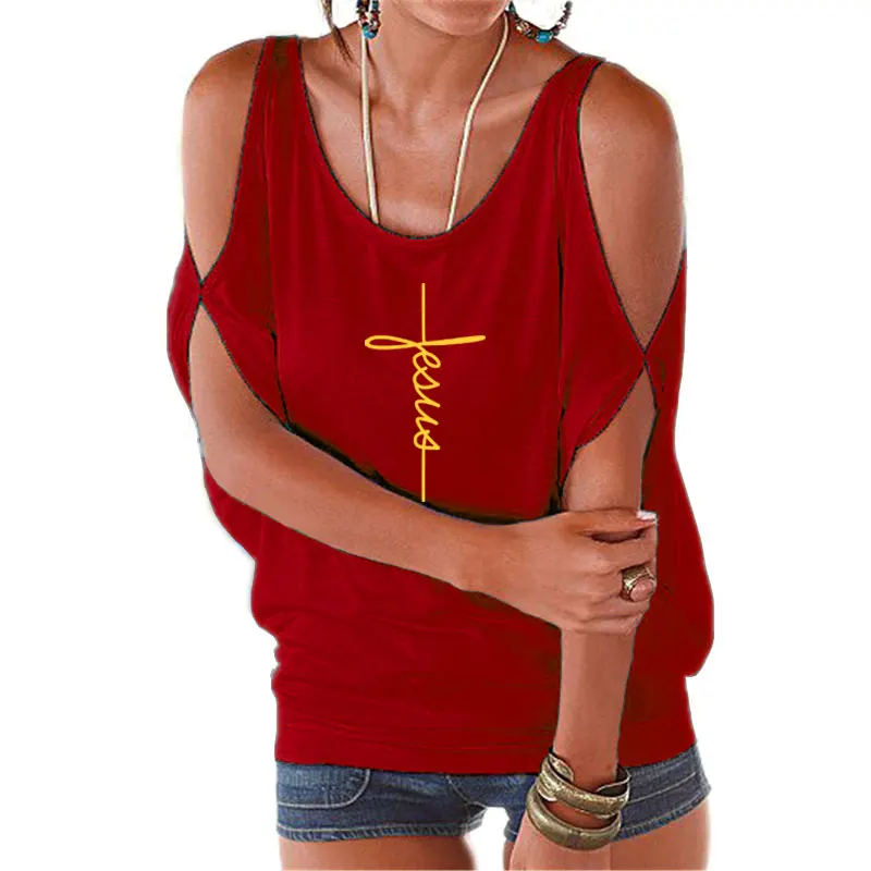 Женская футболка с принтом Иисуса и Креста открытыми плечами | одежда