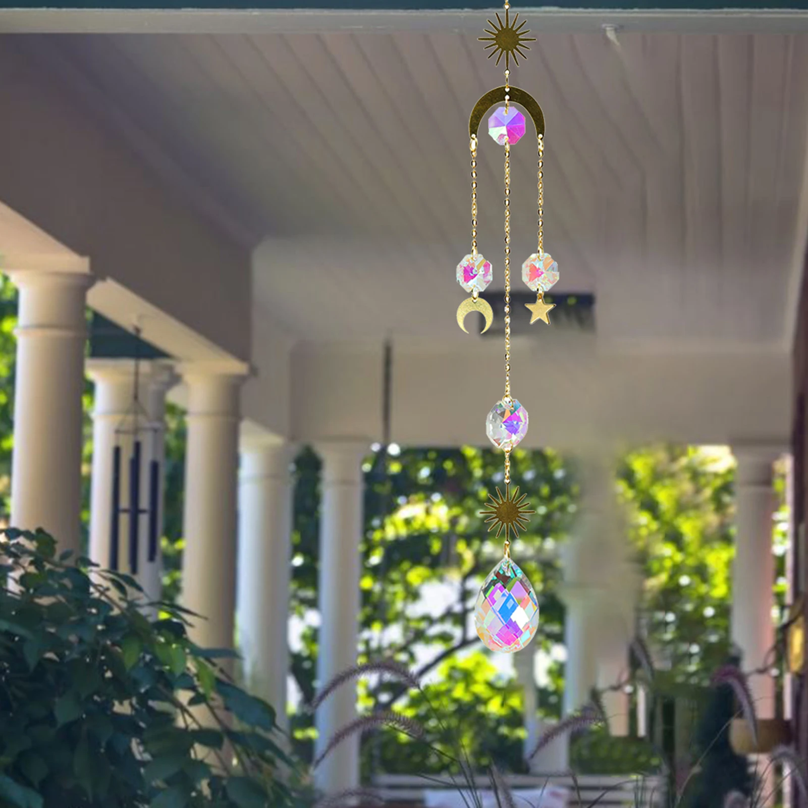 

Moon Ring Rainbow Crystal Suncatcher Hanging Prism Ornament Pendant Home Garden Car Decor Crystal Wind Chime Pendant Gift