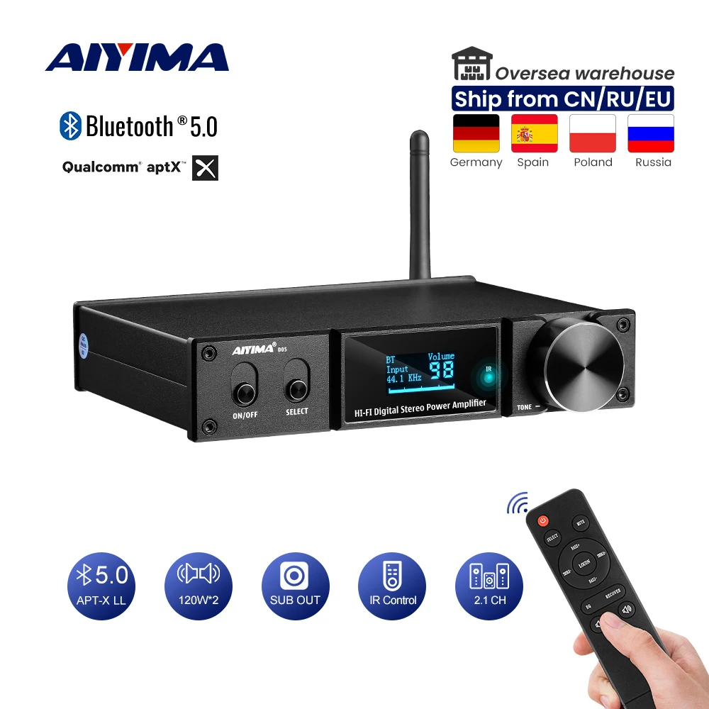 

AIYIMA D05 Bluetooth 5.0 Power Amplifier 120Wx2 Sound Amplificador Subwoofer Amplifier USB DAC OLED APTX 2.1 Home Theater