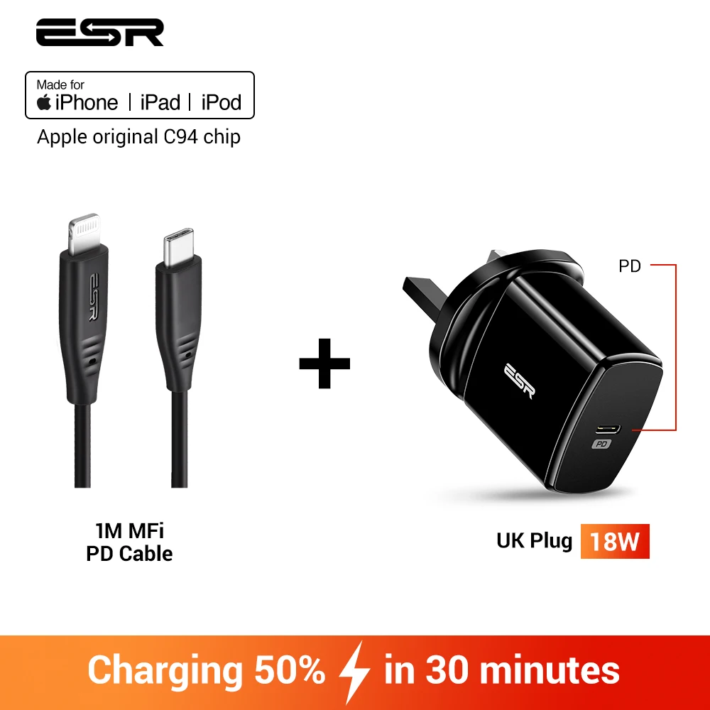 UK Plug and 1M Cable ESR USB C быстрое зарядное устройство 18 Вт с настенной вилкой для путешествий быстрое зарядное устройство type C type-c PD для iPhone 11 X XR XS Max iPad Pro EU US UK - Тип штекера: UK Plug and 1M Cable
