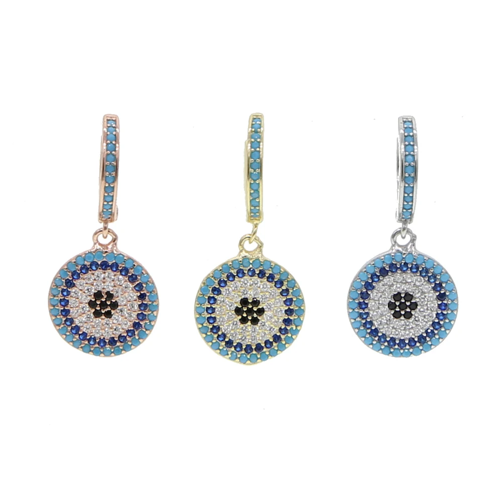 Серьги подвески микро паве ЧР смешанных цветов с цветным камнем Круглые