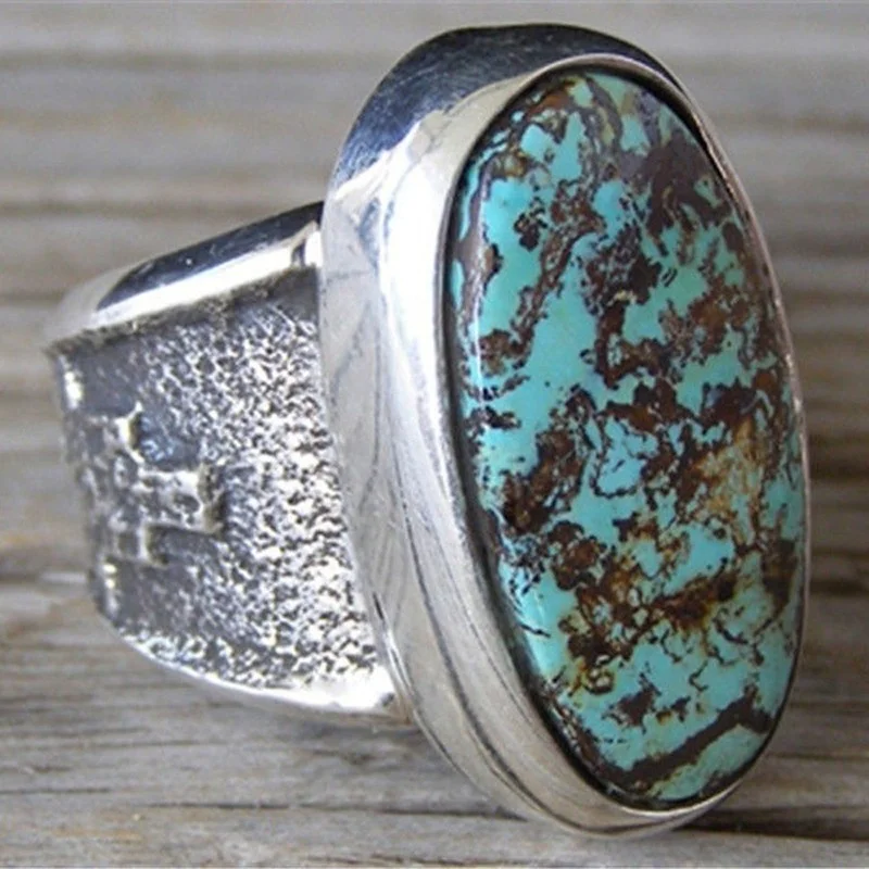 

Hot Sale Antique Silver Color Big Geometric Oval Natural Stone Finger Ring for Women Party Jewelry Size 6-10
