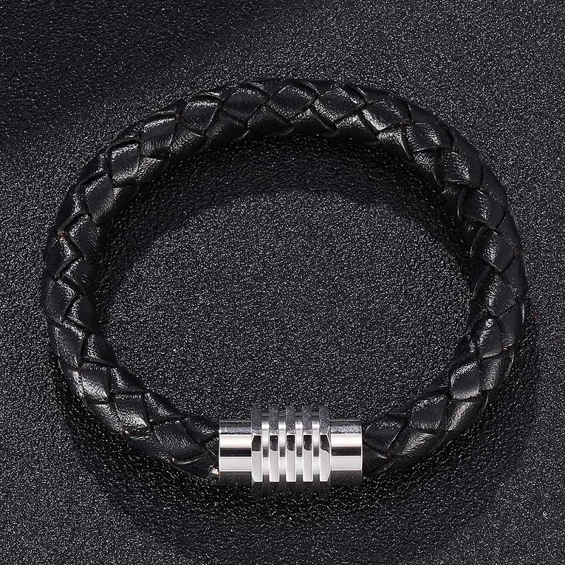Мужской плетеный кожаный браслет 8 мм из нержавеющей стали с магнитной застежкой