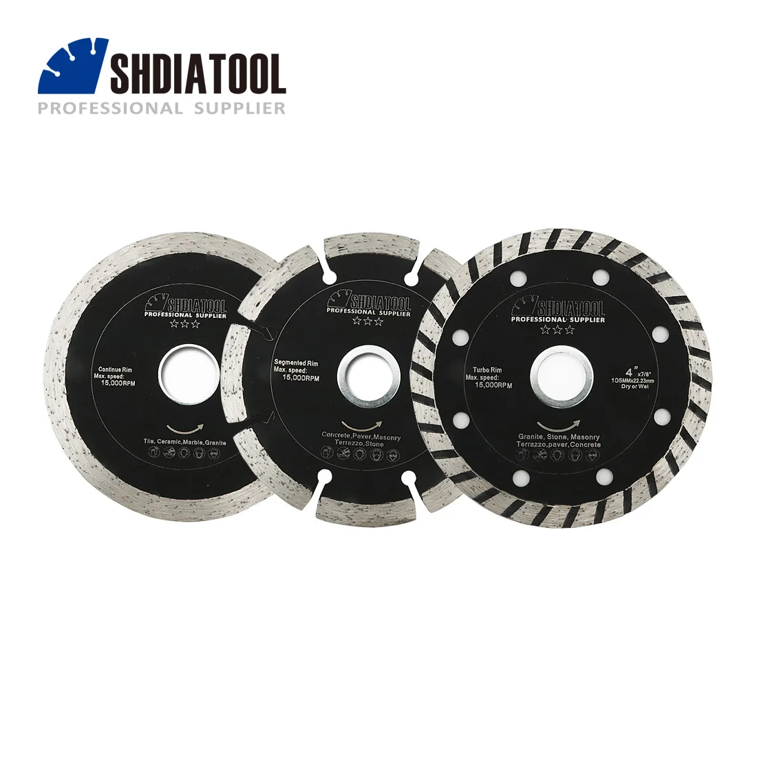 

SHDIATOOL 3pcs/set Dia105mm/4inch Sintered Diamond Saw Blade Continuous Rib Segmented Turbo Rim Cutting Disc Tile Granite Marble