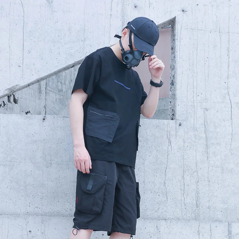 Силеншторм Techwear Мужская черная футболка с карманом графическая в стиле хип хоп