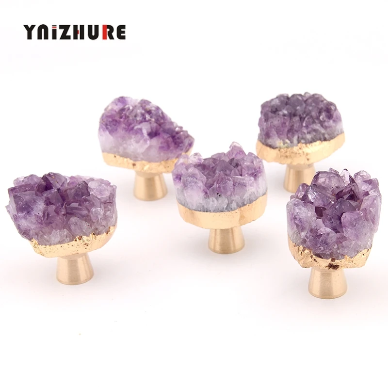 

Luxury Natural Amethyst Brass Handle Drawer Knobs Kitchen Cupboard Pull Wardrobe Door Jewelry Box Hook Single Hole Handle
