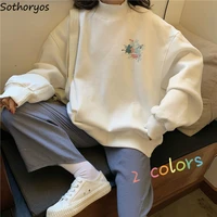hoodies women printed turtleneck warm plus velvet oversize kawaii simple females pullover all match korean style casual ulzzang