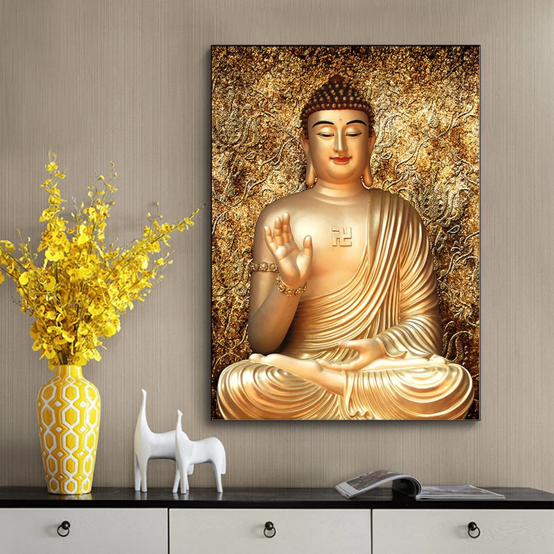 

Buddha Status Canvas Painting On The Wall Chinese God Religion Gold Posters Art Prints for Home Interior Room Decor Frameless