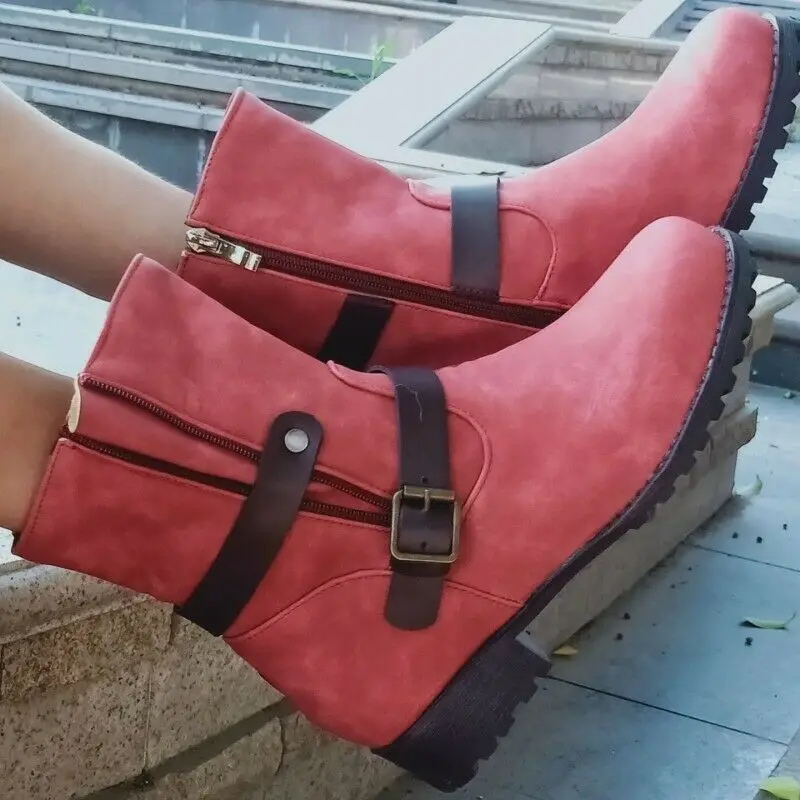 

Retro Womens Buckle Decor Zip Ankle Boots Round Toe Low Heel Casual Shoes