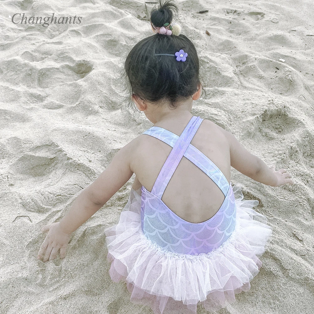 

Girls One Piece Swimsuit 1-6 Y Child Swimwear Fish Scale Style with Lace Dress Sandy Beachwear Kids Swimming Pool Suit