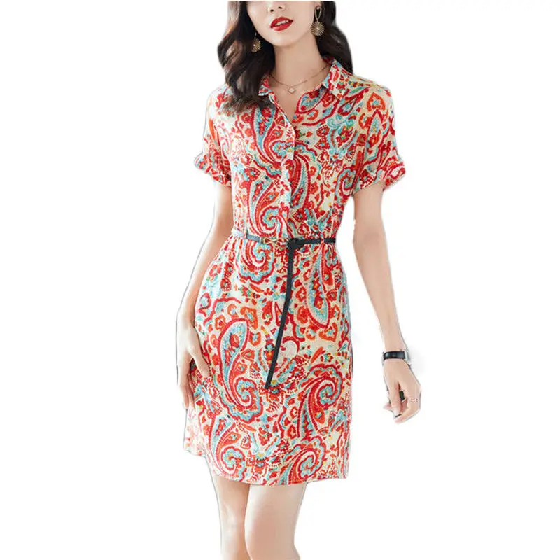 

Slim For Summer Women Dress Turn-down Collar Short sleeve A-Line Women's Dress printing temperament Fashion Ladies Skirt SS3306